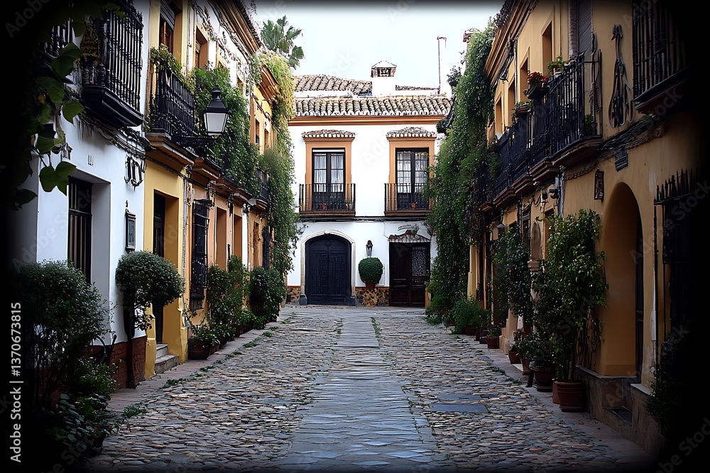 Obraz premium Cobblestone Alley with Spanish Courtyard.