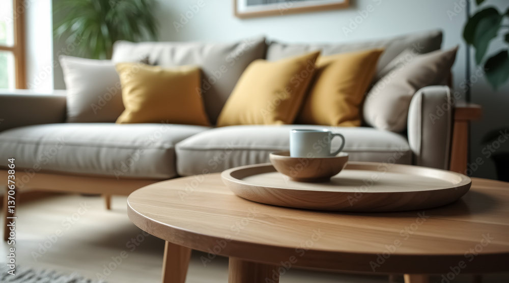 Fototapeta premium wooden tray with coffee cup on coffee table in living room