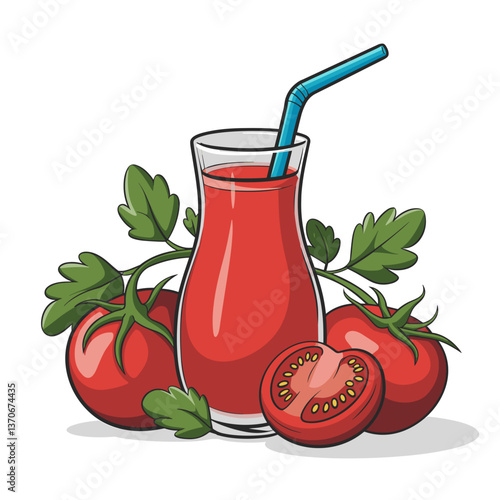Cartoon Glass of Tomato Juice with Fresh Tomatoes