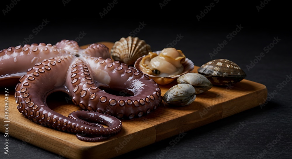Naklejka premium Delicious Seafood Platter: Octopus and Assorted Shellfish
