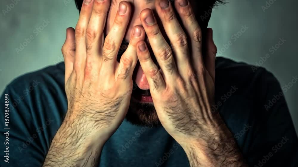 Man in distress with hands covering face shows emotional struggle in a somber setting