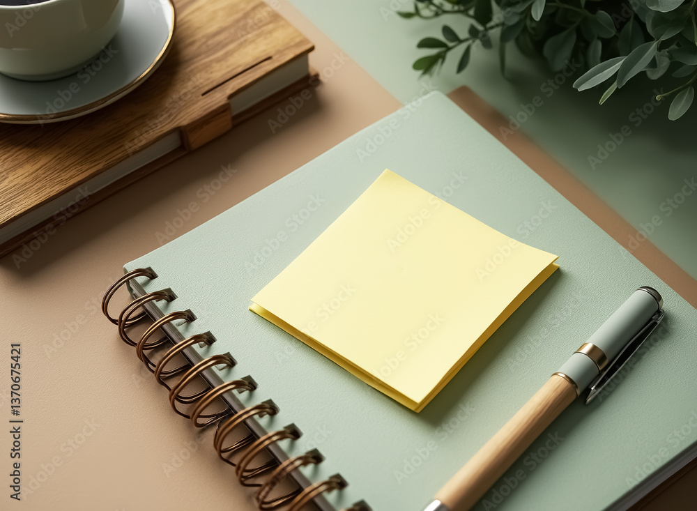 close-up of a green spiral notebook with yellow sticky note and pen