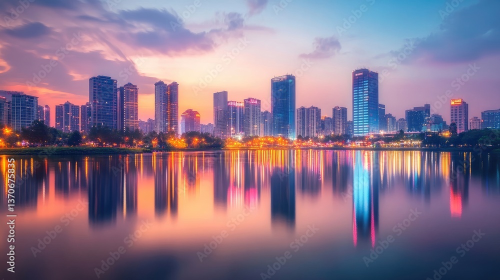 Vibrant City Skyline Reflection at Dusk Over Calm Water Surface Vibrant City Skyline Reflection at Dusk Over Calm Water Surface