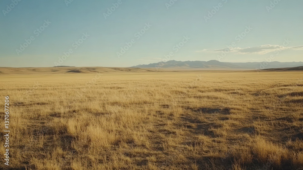 Expansive field of dry grass with mountains in the distance Expansive field of dry grass with mountains in the distance