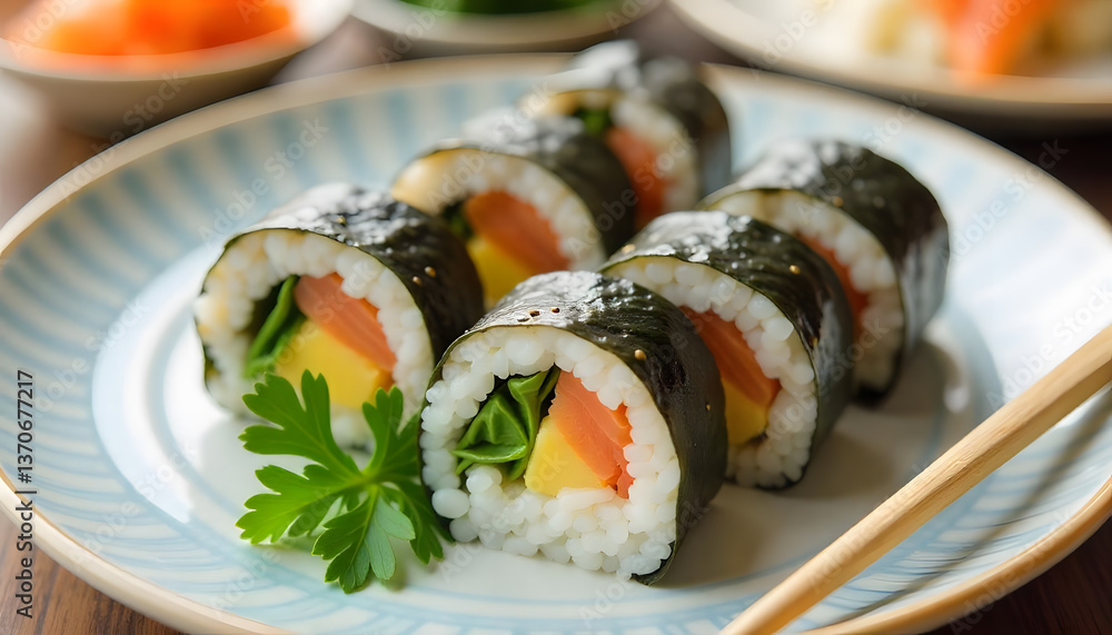 A plate of salmon maki sushi roll with a close-up view. A plate of salmon maki sushi roll with a close-up view.