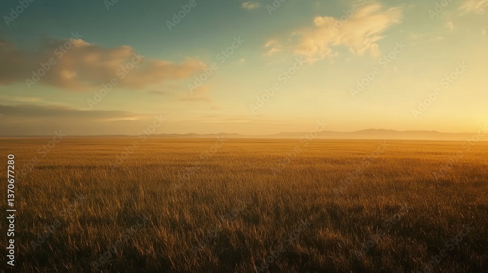 A vast golden field stretches towards the distant hazy horizon A vast golden field stretches towards the distant hazy horizon