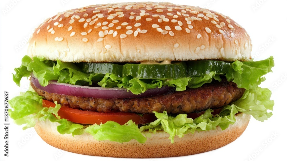 A delicious hamburger stacked with fresh ingredients on a white background A delicious hamburger stacked with fresh ingredients on a white background