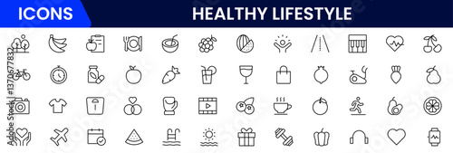 Healthy lifestyle icon set. Contains Icons for diet, exercise, sleep, running, routine, gym, nutrition, cardio exercises, sports supplements, yoga, self-care, culture, and hobbies.