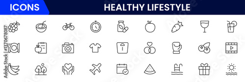 Healthy lifestyle icon set. Contains Icons for diet, exercise, sleep, running, routine, gym, nutrition, cardio exercises, sports supplements, yoga, self-care, culture, and hobbies.