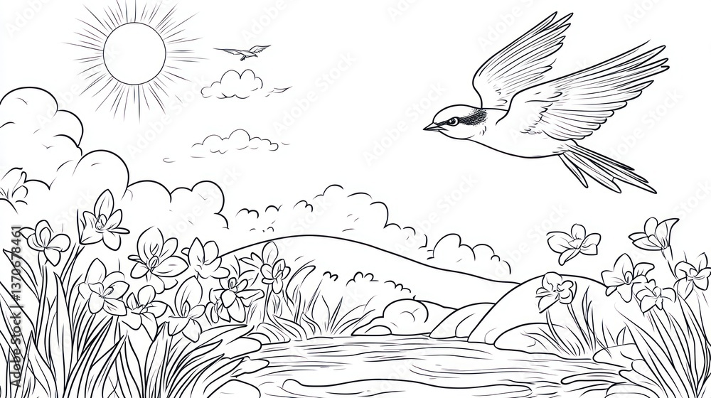 Obraz premium Springtime landscape with a bird in flight. Coloring book illustration