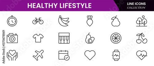 Healthy lifestyle icon set. Contains Icons for diet, exercise, sleep, running, routine, gym, nutrition, cardio exercises, sports supplements, yoga, self-care, culture, and hobbies.