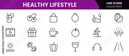 Healthy lifestyle icon set. Contains Icons for diet, exercise, sleep, running, routine, gym, nutrition, cardio exercises, sports supplements, yoga, self-care, culture, and hobbies.