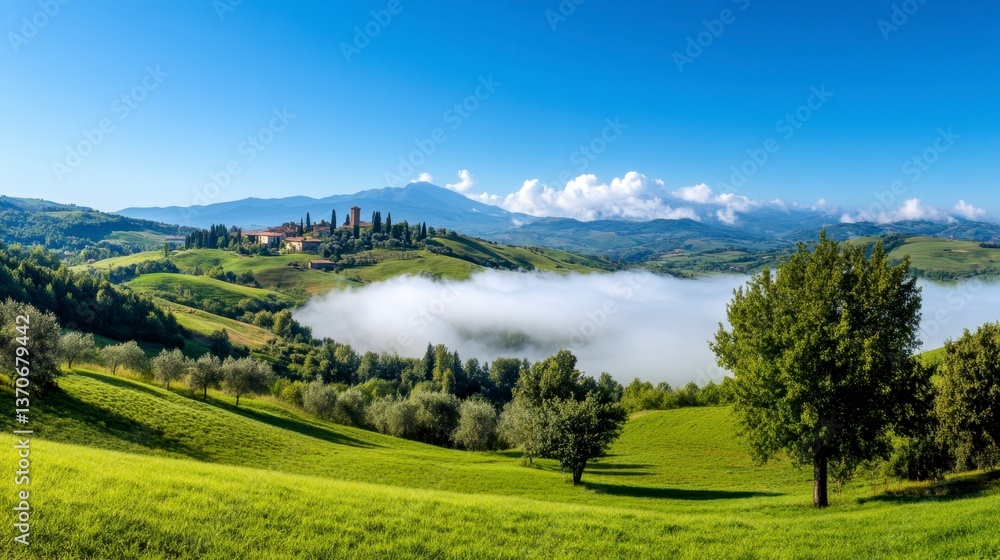 Obraz premium Morning mist rolls through a lush green valley, revealing a quaint village nestled on a hillside under a vibrant blue sky. Trees dot the landscape, creating a picturesque scene.