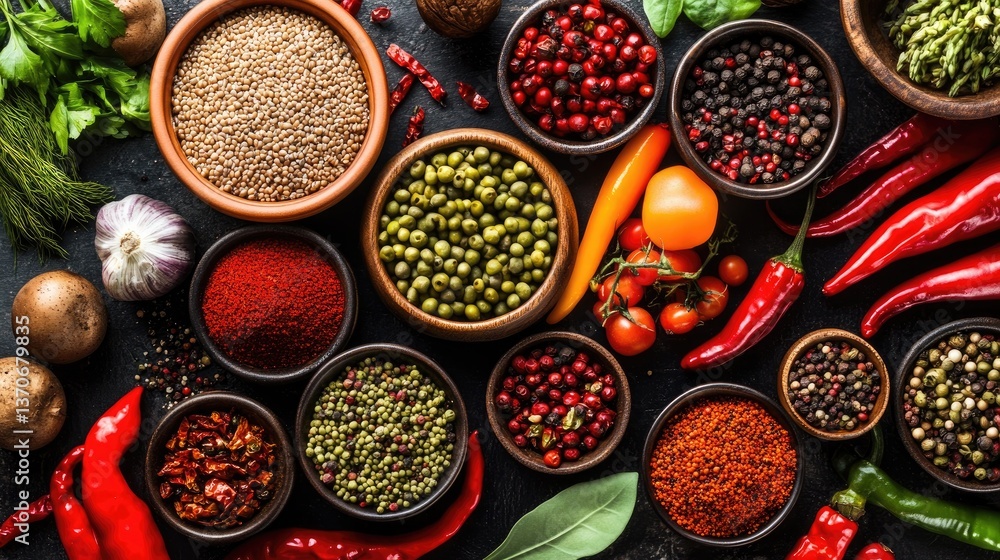 Colorful Arrangement of Various Spices and Herbs on Dark Surface Colorful Arrangement of Various Spices and Herbs on Dark Surface