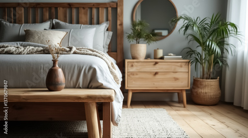 Obraz na płótnie serene bedroom with wooden bed frame and light grey duvet w salonie
