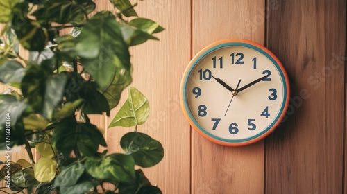 Wallpaper Mural A colorful round clock hanging on a light wood panel wall Torontodigital.ca