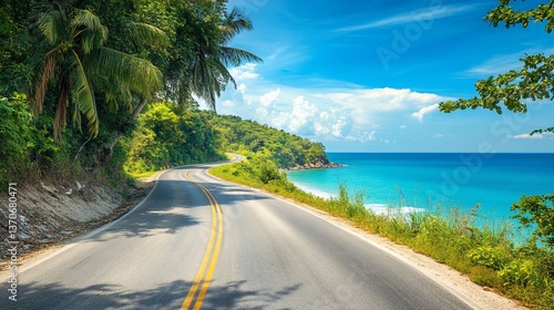 Scenic Coastal Road with Turquoise Sea and Lush Greenery, Perfect Getaway Destination