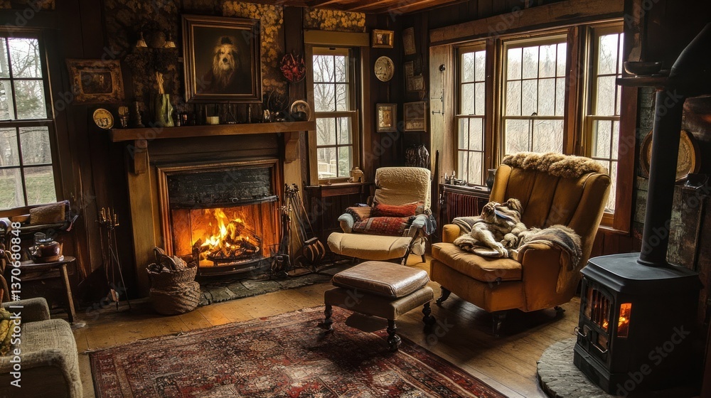 A cozy interior with a fireplace and comfortable armchairs A cozy interior with a fireplace and comfortable armchairs