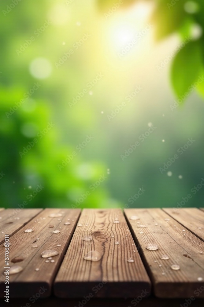 Wooden Deck with Dew Drops and Bright Sunny Green Background Wooden Deck with Dew Drops and Bright Sunny Green Background