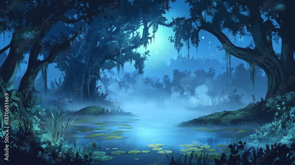 Fototapeta premium Swamp in night forest with creepy trees, vines and mysterious haze floating over deep water. Nature landscape with marsh in wood. Game background, fantasy mystic wild pond, Cartoon vector illustration