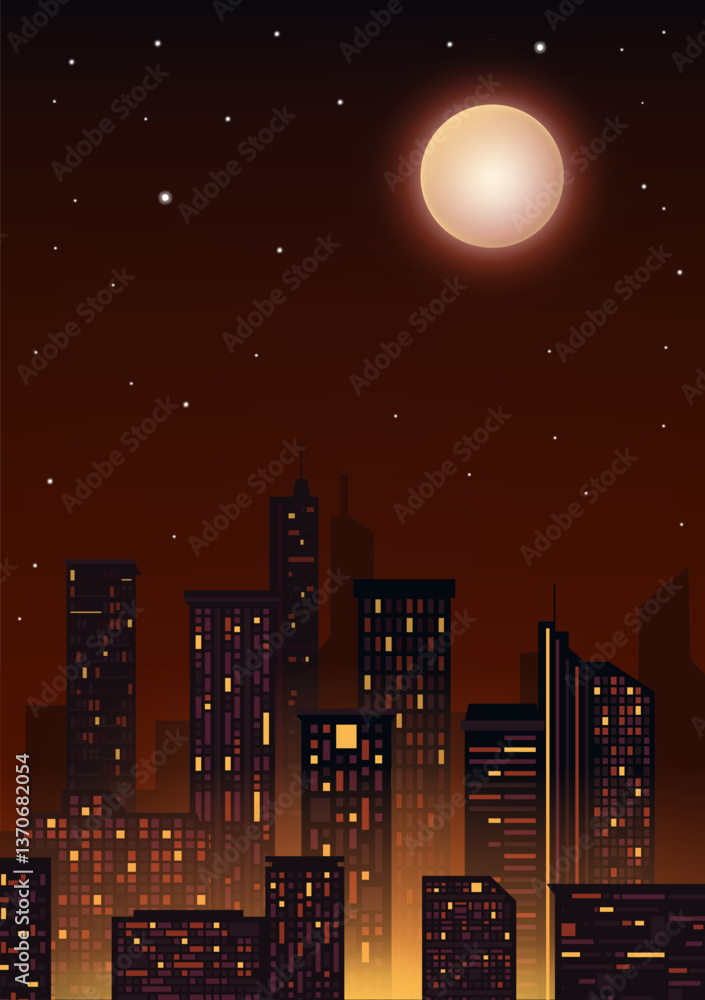 Naklejka premium City night landscape vertical illustration orange atmosphere city skyline