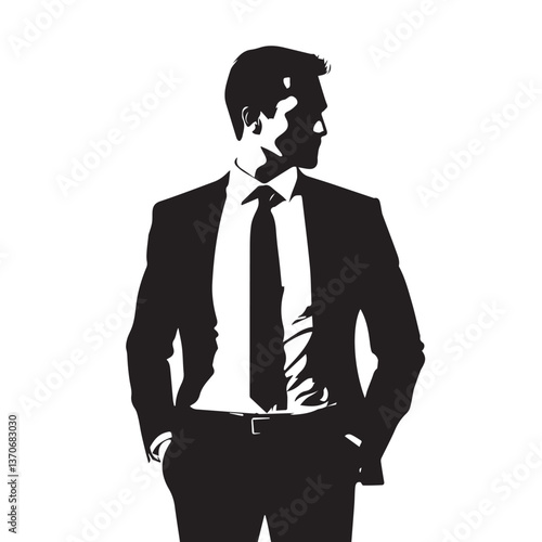 image of a respectable man in a business suit, black and white graphics, vector
