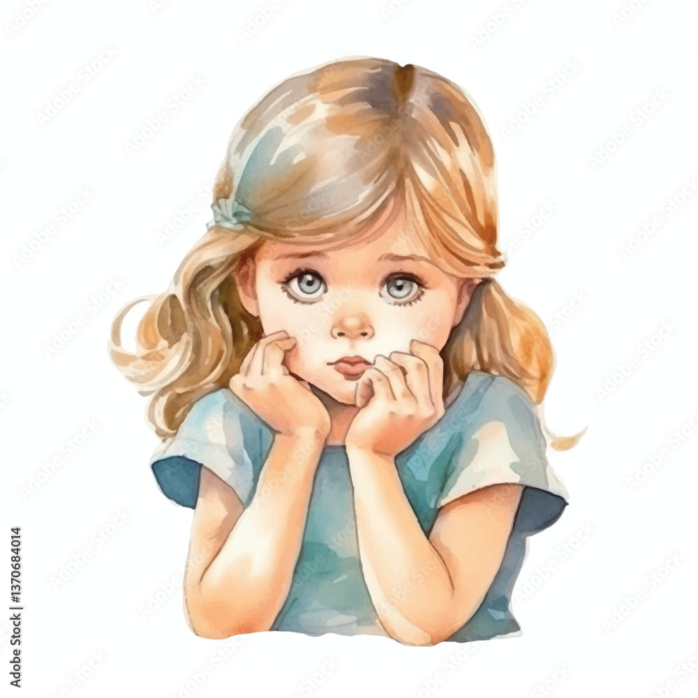 girl thinking pose cute watercolors illustration on white background girl thinking pose cute watercolors illustration on white background