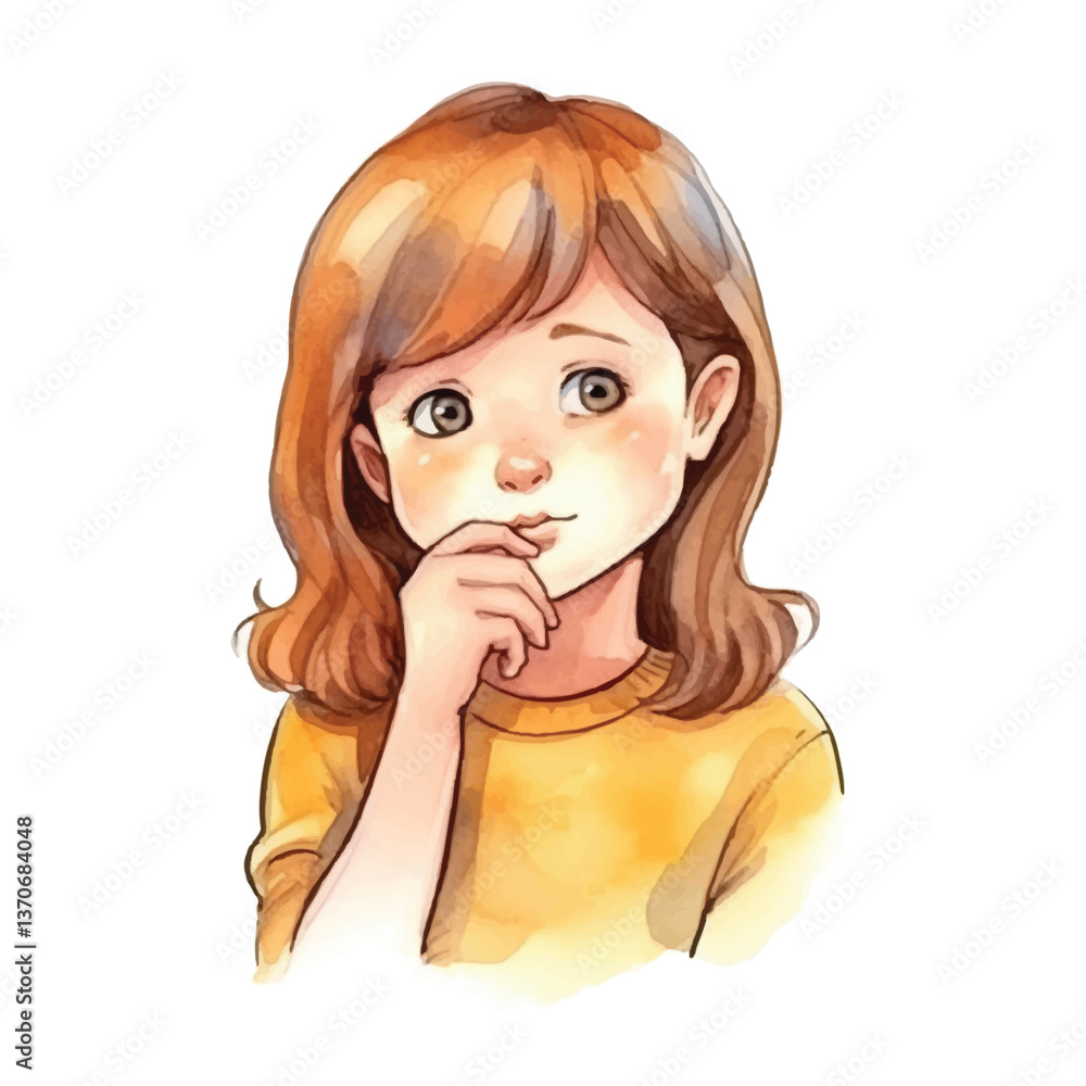 girl thinking pose cute watercolors illustration on white background girl thinking pose cute watercolors illustration on white background