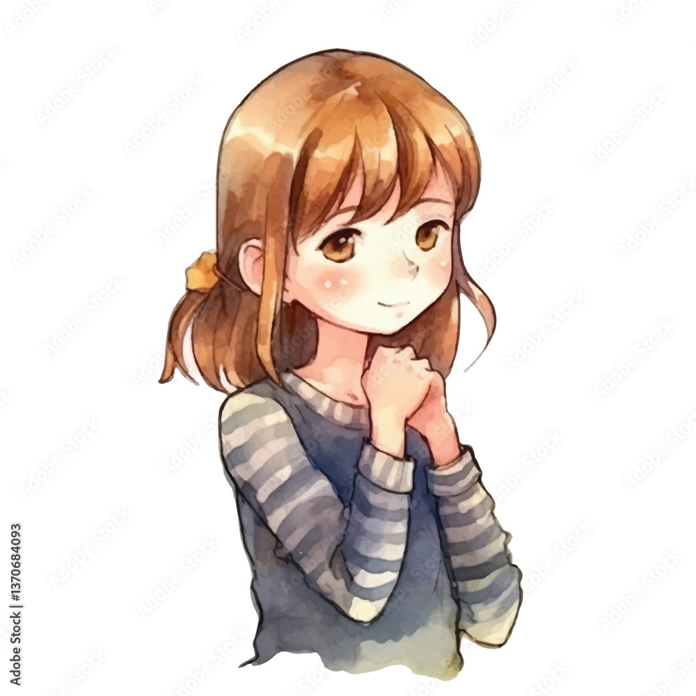 girl thinking pose cute watercolors illustration on white background girl thinking pose cute watercolors illustration on white background