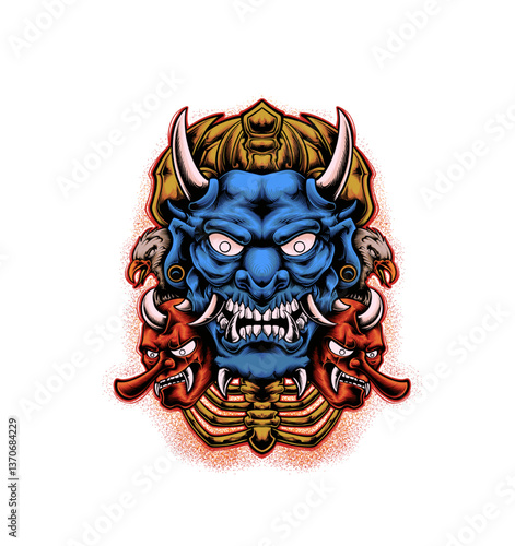 Mystical Oni Mask Illustration: A captivating illustration of a traditional Japanese Oni mask, depicting a powerful, blue-skinned demon with sharp fangs and horns, flanked by smaller red masks.