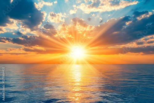 Breathtaking sunset over the ocean with radiant sunbeams and colorful sky