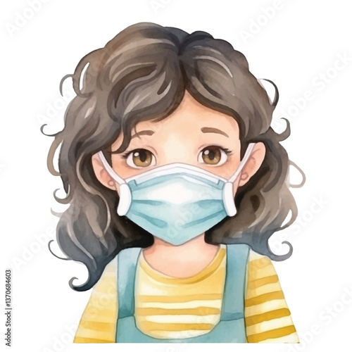girl wearing medical mask cute watercolors illustration on white background