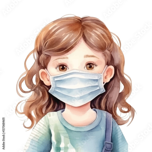 girl wearing medical mask cute watercolors illustration on white background