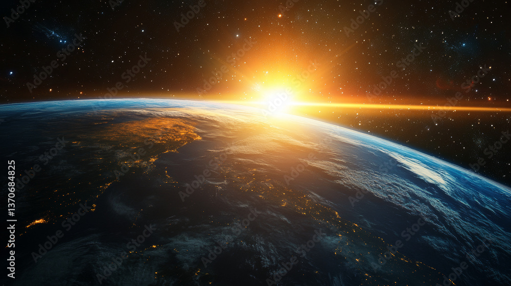 Bright light on dark planet horizon. Vector realistic illustration of blue space galaxy with starry night sky, sun shining behind earth, cosmos exploration game background, science fiction backdrop Bright light on dark planet horizon. Vector realistic illustration of blue space galaxy with starry night sky, sun shining behind earth, cosmos exploration game background, science fiction backdrop
