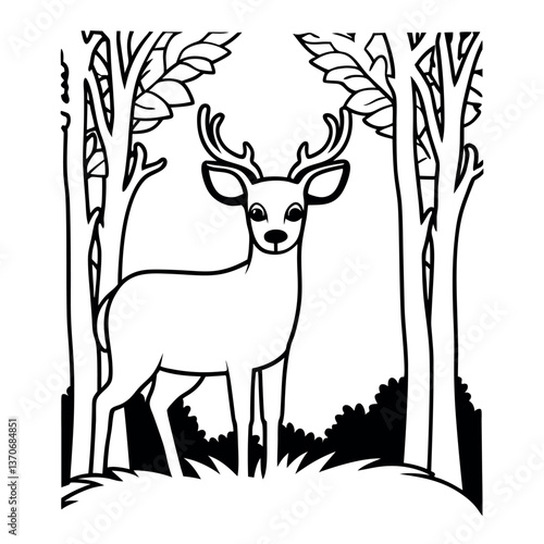 A deer standing in a forest line art.