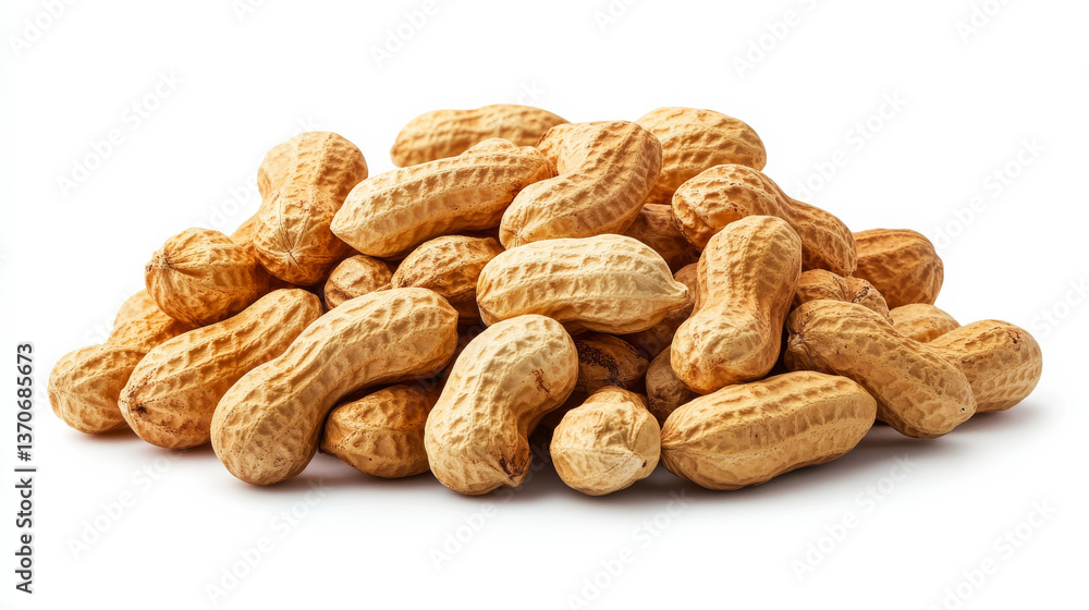 A neatly arranged cluster of peanuts is displayed against a clean white backdrop, serving as a versatile design element with a clipping path A neatly arranged cluster of peanuts is displayed against a clean white backdrop, serving as a versatile design element with a clipping path