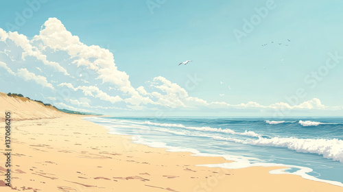 Realistic sea or ocean beach background with sand, water with foam and sun on cloudy sky. Panoramic vector of seashore with sandy texture. Tropical landscape with coastline for summer resort.