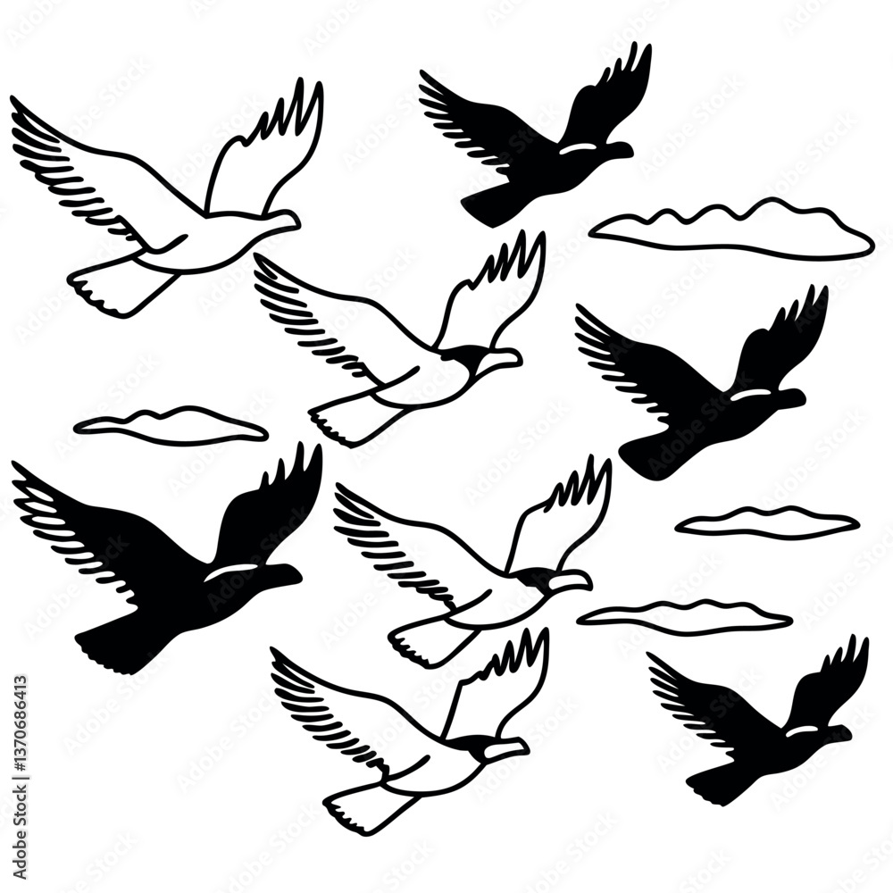 A flock of birds flying in the sky line art. A flock of birds flying in the sky line art.