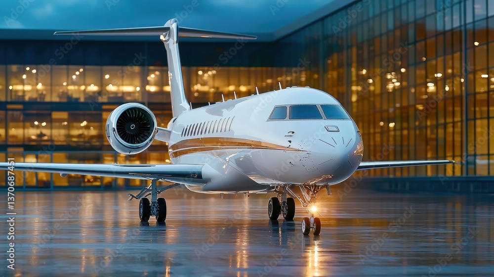 A sleek private jet is parked in front of a modern terminal, reflecting lights from the building's glass facade, showcasing luxury in aviation. A sleek private jet is parked in front of a modern terminal, reflecting lights from the building's glass facade, showcasing luxury in aviation.
