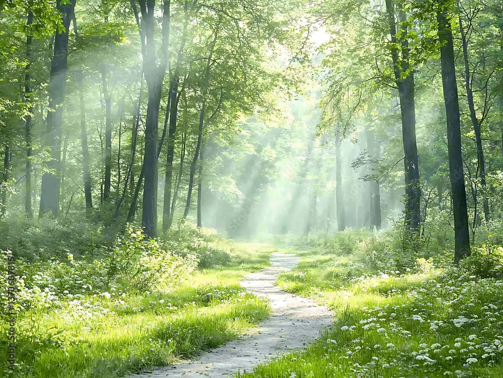 Obraz premium Sunlit Forest Path with Spring Morning.
