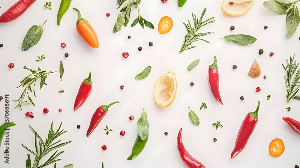 Assorted Chili Peppers and Spices in Creative Flat Lay Background Assorted Chili Peppers and Spices in Creative Flat Lay Background