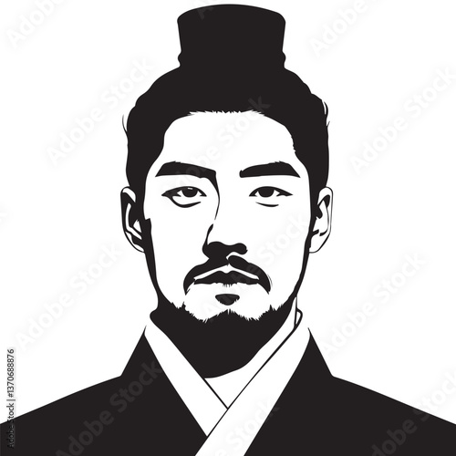 black and white portrait of asian man with hair up,front view,graphic,vector,sketch,korea,
