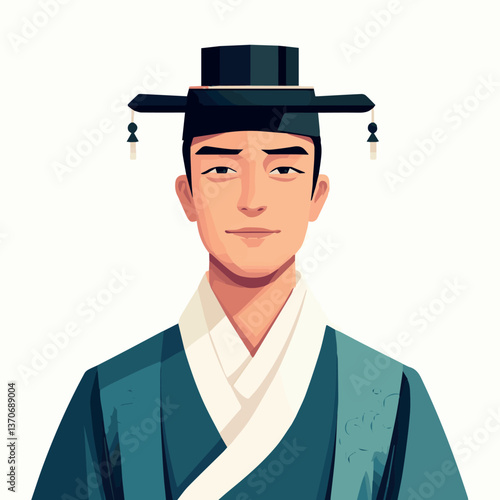 color portrait of handsome young asian man in hat and national clothes,front view,graphics,vector,sketch,korea,
