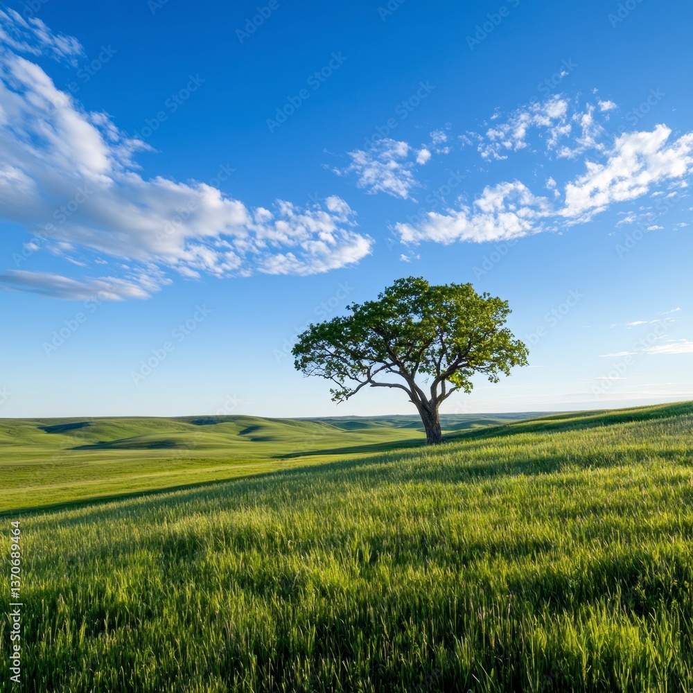 Single tree on a vibrant green field under a bright blue sky with wispy clouds. Sunlight illuminates the landscape. Single tree on a vibrant green field under a bright blue sky with wispy clouds. Sunlight illuminates the landscape.
