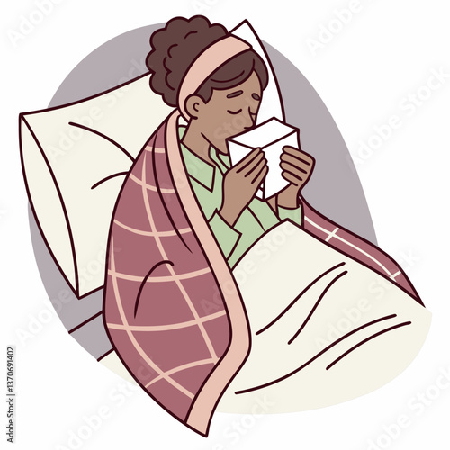 Sick woman in blanket. Unwell girl cold ill flu in bed cover blanket, illness recovery lady sneeze with paper towel seasonal sickness home treatment, classy vector illustration