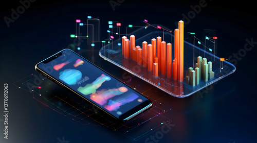 Wallpaper Mural A vibrant smartphone displaying dynamic data visualizations, showcasing powerful mobile analytics with a sleek, dark aesthetic and glowing 3D bar graphs. Torontodigital.ca