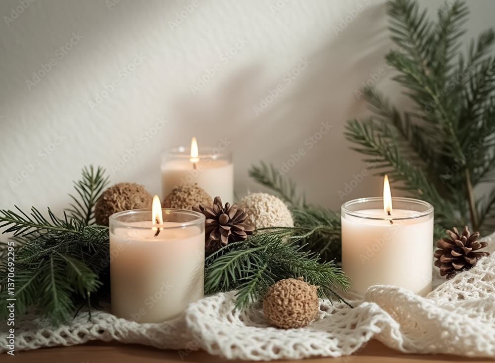 three illuminated cream candles surrounded by pine and decor three illuminated cream candles surrounded by pine and decor