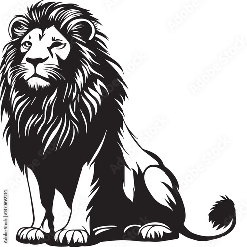image of a proudly sitting lion with a lush mane on a white background, side view, black and white graphics, vector
