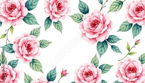 Delicate watercolor roses & leaves, repeating pattern , watercolor pattern, red