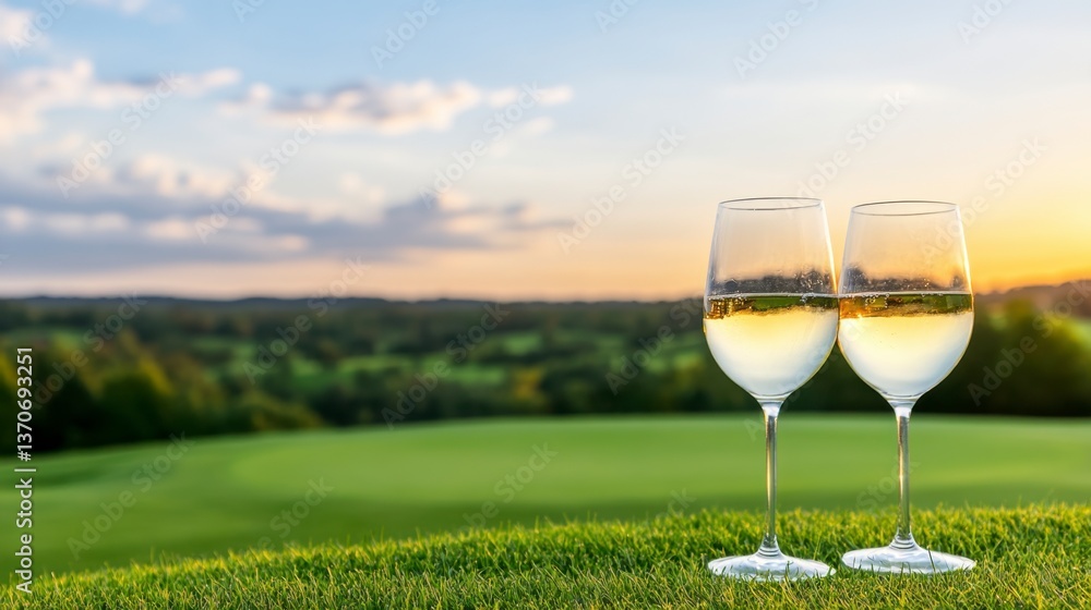 Two glasses of white wine sit on a lush green golf course, overlooking a scenic sunset landscape. The image evokes feelings of relaxation and tranquility.